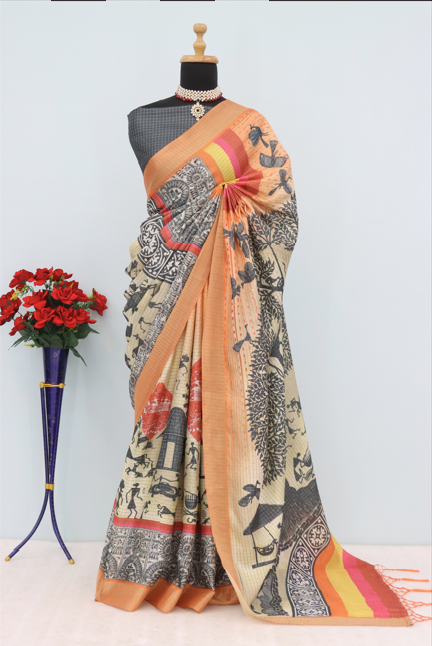 Tribal Art Inspired Mysore Silk Saree in Beige with Orange Border  *PHMS 19*
