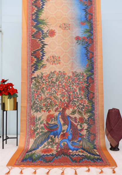 Peacock Paradise Mysore Silk Saree with Orange Border & Nature Motif *PHMS 20*