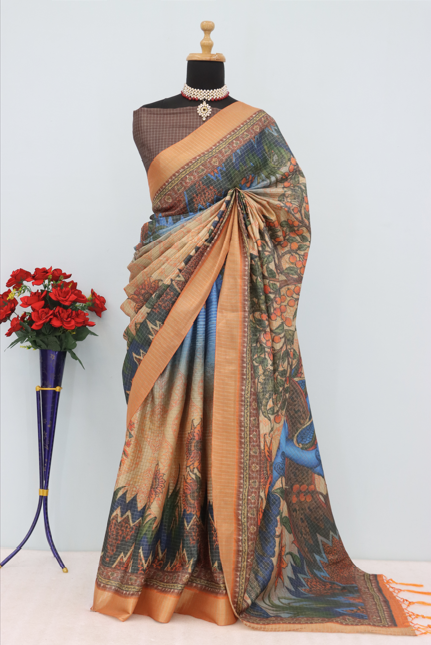 Peacock Paradise Mysore Silk Saree with Orange Border & Nature Motif *PHMS 20*