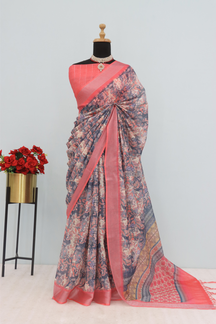 Rose Blush Linen Digital Print Saree with Elegant Floral Design *PHL 03*