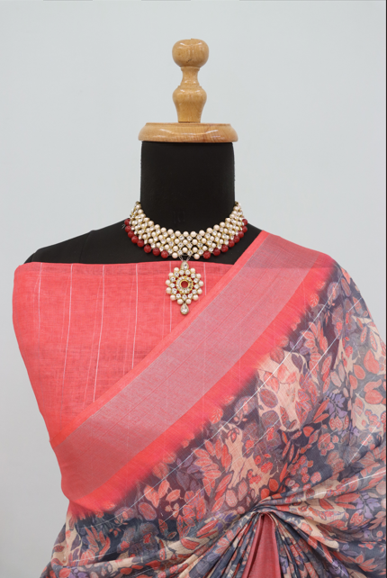 Rose Blush Linen Digital Print Saree with Elegant Floral Design *PHL 03*