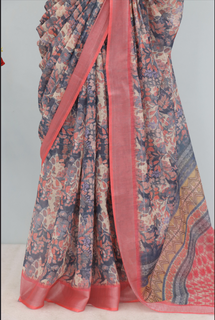 Rose Blush Linen Digital Print Saree with Elegant Floral Design *PHL 03*