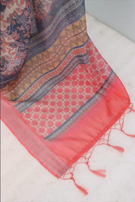 Rose Blush Linen Digital Print Saree with Elegant Floral Design *PHL 03*