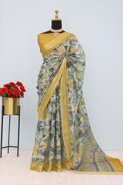 Mustard Charm Linen Digital Print Saree with Geometric Pattern *PHL 05*