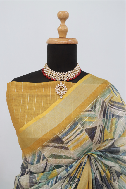 Mustard Charm Linen Digital Print Saree with Geometric Pattern *PHL 05*