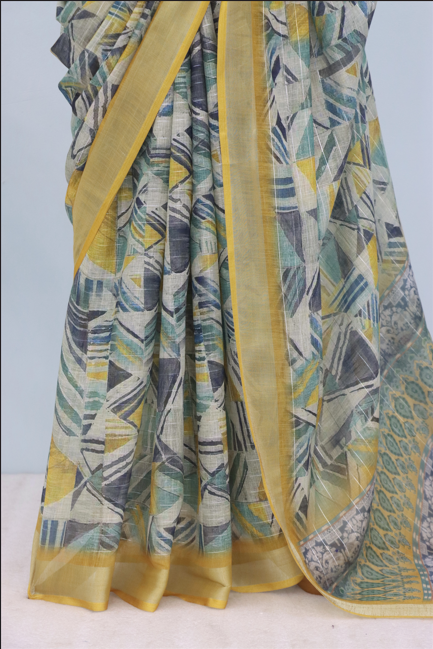 Mustard Charm Linen Digital Print Saree with Geometric Pattern *PHL 05*