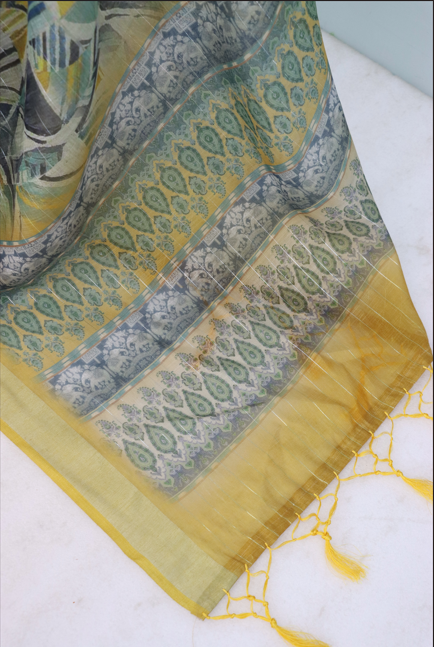 Mustard Charm Linen Digital Print Saree with Geometric Pattern *PHL 05*
