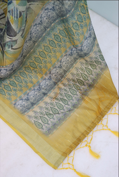 Mustard Charm Linen Digital Print Saree with Geometric Pattern *PHL 05*