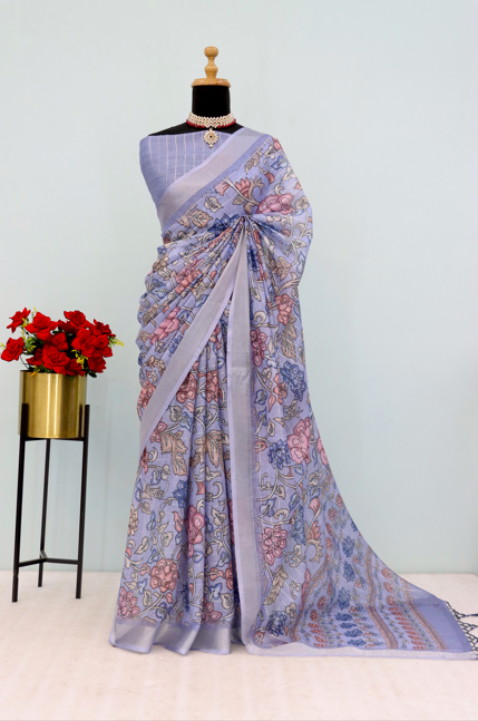 Lavender Bloom Linen Digital Print Saree with Floral Motifs *PHL 19*