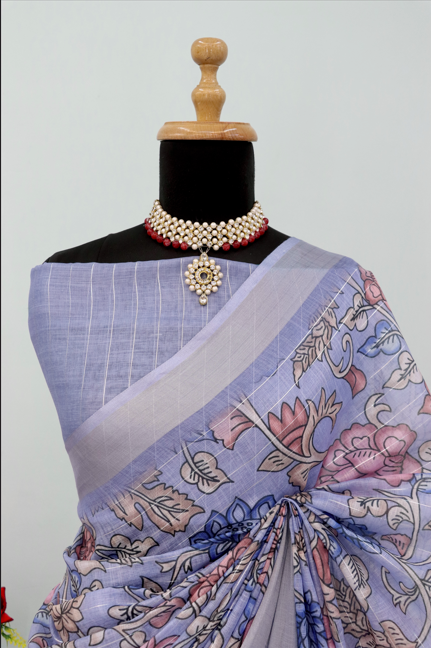 Lavender Bloom Linen Digital Print Saree with Floral Motifs *PHL 19*