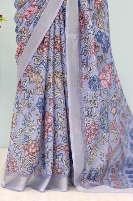 Lavender Bloom Linen Digital Print Saree with Floral Motifs *PHL 19*