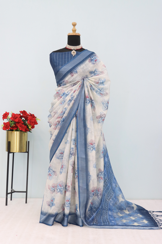 Elegant Blue Floral Pure Linen Saree with Woven Pallu *PHL 20*