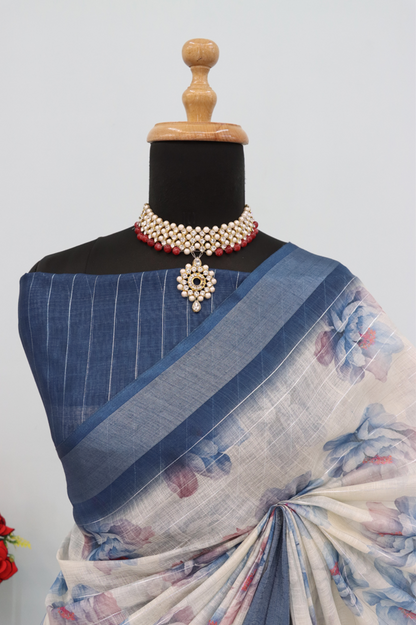 Elegant Blue Floral Pure Linen Saree with Woven Pallu *PHL 20*