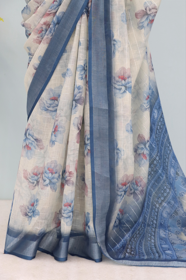 Elegant Blue Floral Pure Linen Saree with Woven Pallu *PHL 20*