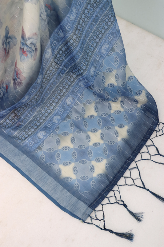 Elegant Blue Floral Pure Linen Saree with Woven Pallu *PHL 20*