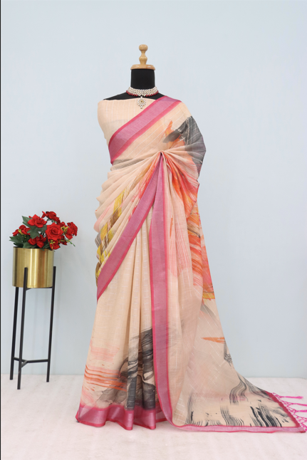 Elegant Printed Linen Saree with Pink Border – Lightweight & Stylish *PHL 22*