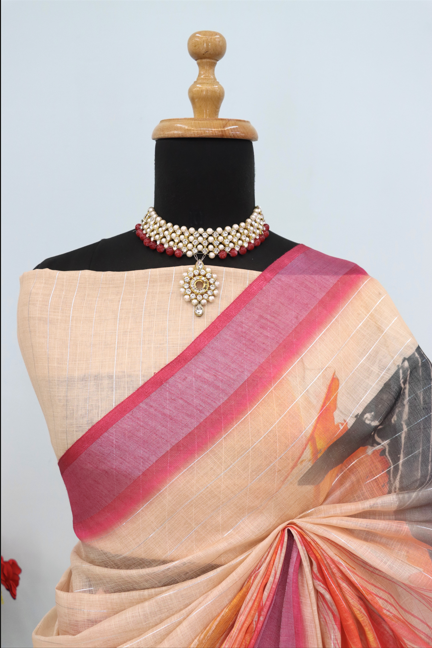 Elegant Printed Linen Saree with Pink Border – Lightweight & Stylish *PHL 22*