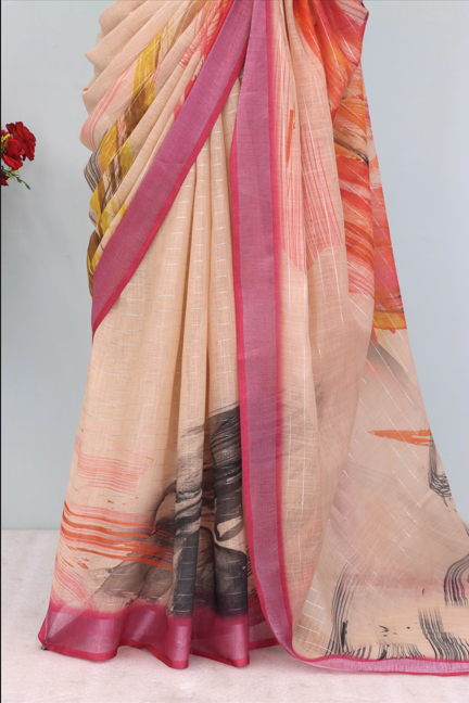 Elegant Printed Linen Saree with Pink Border – Lightweight & Stylish *PHL 22*