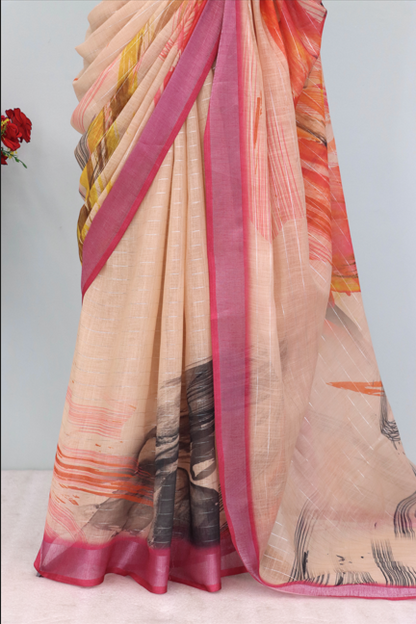 Elegant Printed Linen Saree with Pink Border – Lightweight & Stylish *PHL 22*