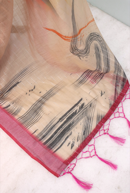 Elegant Printed Linen Saree with Pink Border – Lightweight & Stylish *PHL 22*
