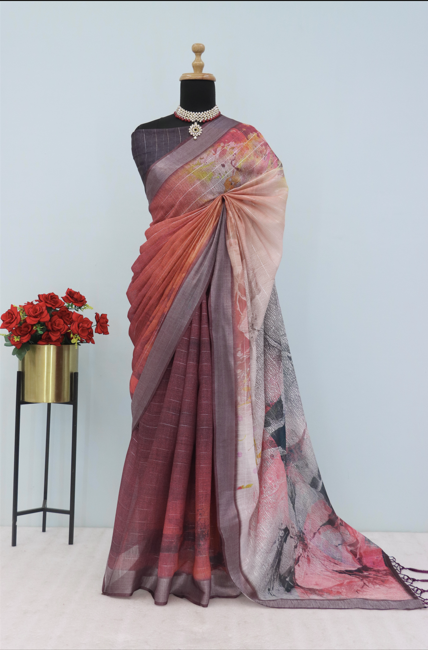 Sophisticated Linen Saree in Wine & Peach Tones – Artistic Print & Lightweight Feel *PHL 23*