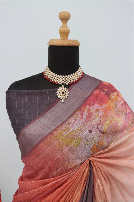Sophisticated Linen Saree in Wine & Peach Tones – Artistic Print & Lightweight Feel *PHL 23*