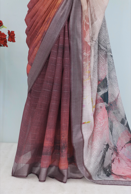 Sophisticated Linen Saree in Wine & Peach Tones – Artistic Print & Lightweight Feel *PHL 23*