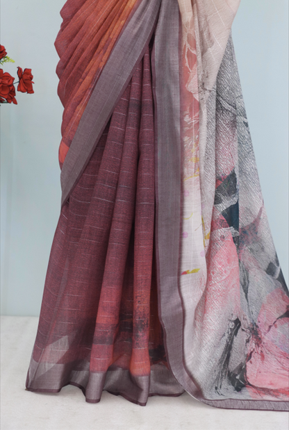 Sophisticated Linen Saree in Wine & Peach Tones – Artistic Print & Lightweight Feel *PHL 23*