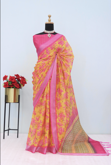 Bright Yellow Linen Saree with Pink Floral Print & Border – Festive & Elegant *PHL 25*
