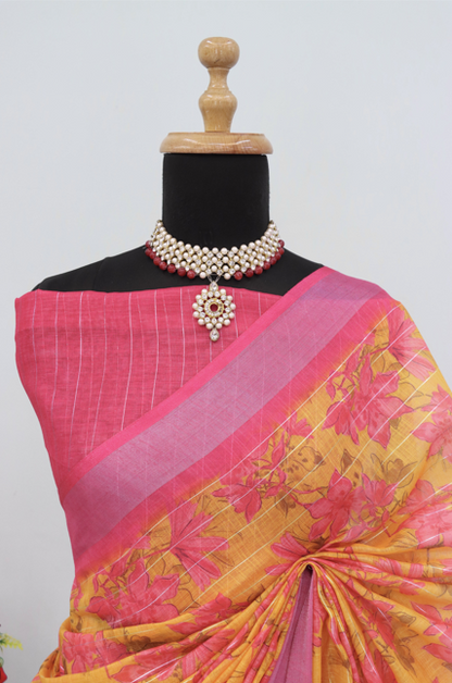 Bright Yellow Linen Saree with Pink Floral Print & Border – Festive & Elegant *PHL 25*