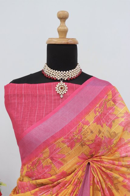 Bright Yellow Linen Saree with Pink Floral Print & Border – Festive & Elegant *PHL 25*