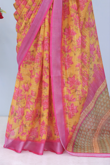 Bright Yellow Linen Saree with Pink Floral Print & Border – Festive & Elegant *PHL 25*