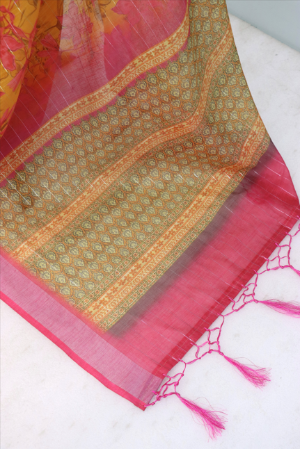 Bright Yellow Linen Saree with Pink Floral Print & Border – Festive & Elegant *PHL 25*