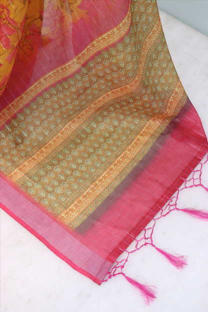 Bright Yellow Linen Saree with Pink Floral Print & Border – Festive & Elegant *PHL 25*