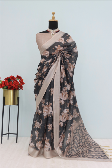 Elegant Black Floral Linen Saree with Beige Border – 5.5 Meters  *PHL 29*