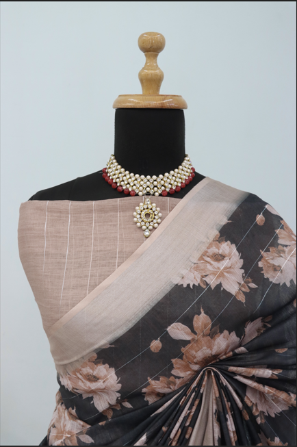Elegant Black Floral Linen Saree with Beige Border – 5.5 Meters  *PHL 29*