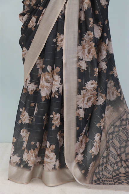 Elegant Black Floral Linen Saree with Beige Border – 5.5 Meters  *PHL 29*