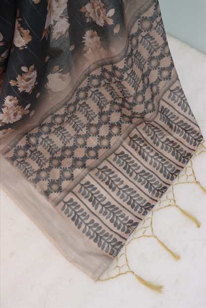 Elegant Black Floral Linen Saree with Beige Border – 5.5 Meters  *PHL 29*