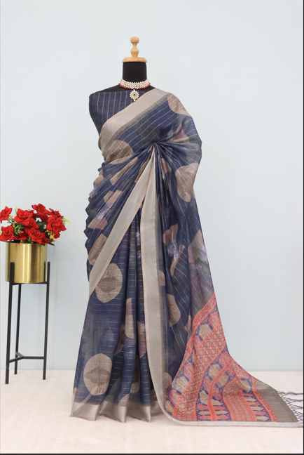 Navy Blue Linen Saree with Beige Polka Motifs and Red Woven Pallu  *PHL 30*