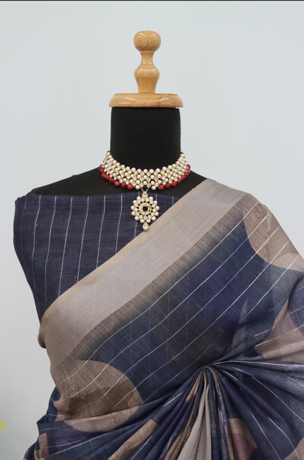 Navy Blue Linen Saree with Beige Polka Motifs and Red Woven Pallu  *PHL 30*