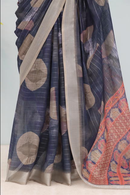 Navy Blue Linen Saree with Beige Polka Motifs and Red Woven Pallu  *PHL 30*