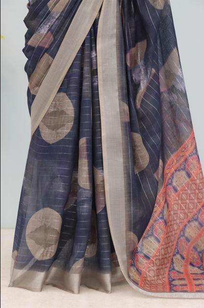 Navy Blue Linen Saree with Beige Polka Motifs and Red Woven Pallu  *PHL 30*