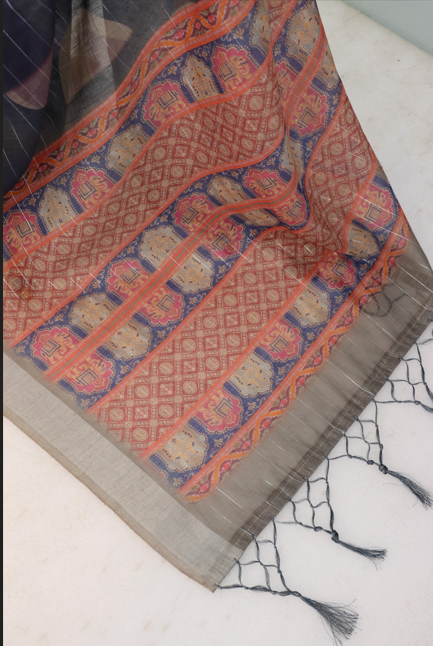 Navy Blue Linen Saree with Beige Polka Motifs and Red Woven Pallu  *PHL 30*