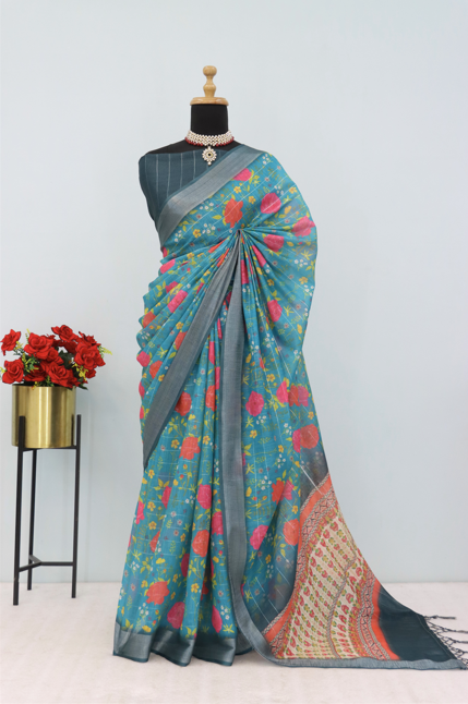 Elegant Blue Linen Saree with Floral Print & Woven Pallu  *PHL 31*
