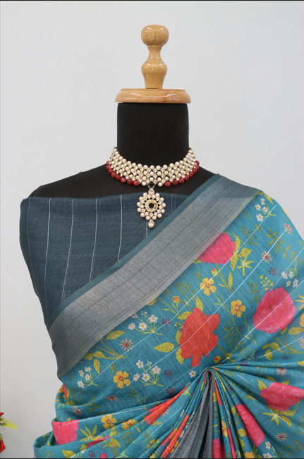 Elegant Blue Linen Saree with Floral Print & Woven Pallu  *PHL 31*