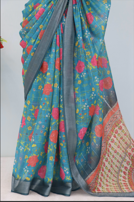 Elegant Blue Linen Saree with Floral Print & Woven Pallu  *PHL 31*