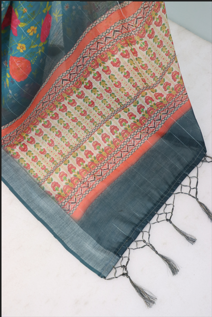 Elegant Blue Linen Saree with Floral Print & Woven Pallu  *PHL 31*