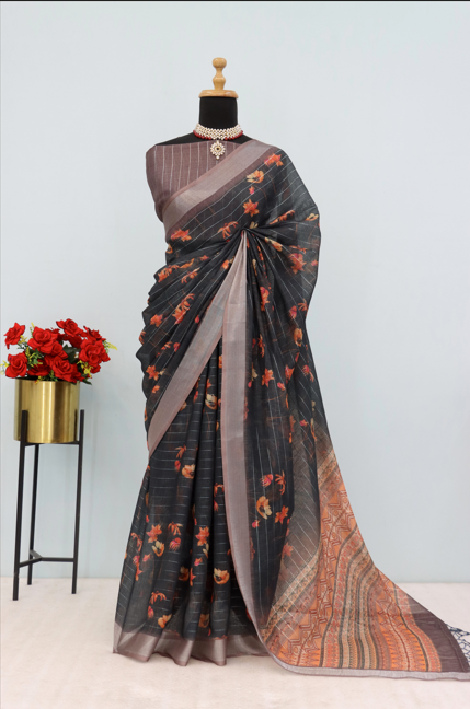 Classic Black Linen Saree with Subtle Stripes & Floral Print *PHL 32*