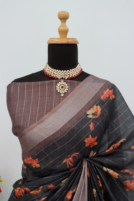 Classic Black Linen Saree with Subtle Stripes & Floral Print *PHL 32*