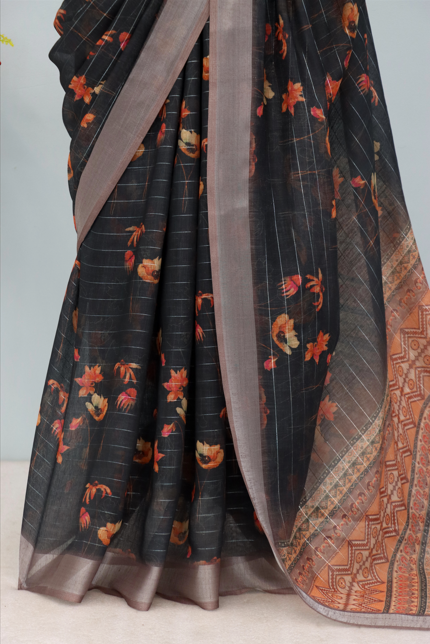Classic Black Linen Saree with Subtle Stripes & Floral Print *PHL 32*